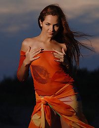 Hot angel with pang maddened and hot body is burning you with her high sexuality on the cloudy sky.